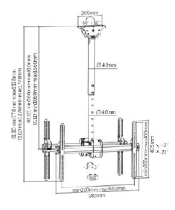 SPLB-CE946-01L Dual Screen Long Drop TV Ceiling Bracket Measurements