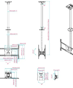Technical drawing of adjustable ceiling TV mount