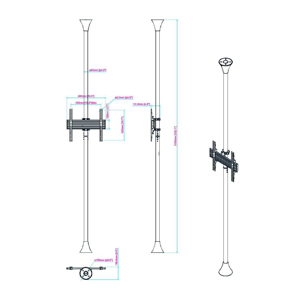 SFC1B1 Floor To Ceiling Pole Mount Measurements