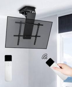 SMFDC80 Motorised fold down TV ceiling mount with remote. Screen superimposed