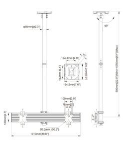 SMCM2x1-F100 2x1 Ceiling Monitor Mount Measurements