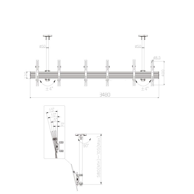 SMCM3x1-T400 3x1 ceiling tilt TV mount measurements