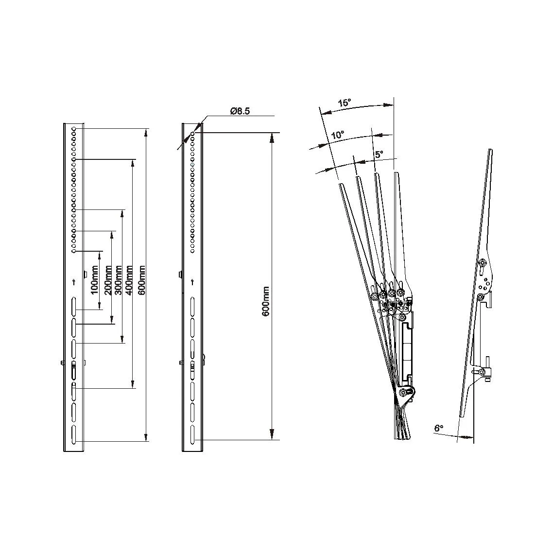 SureMount SARTILT600 600mm Tilting Video Wall Arm Measurements